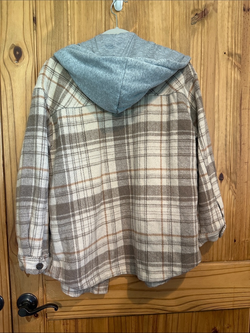 Ashley By 26 International Plaid Hooded Shacket in Beige, Gray and Brown - Picture 3 of 5
